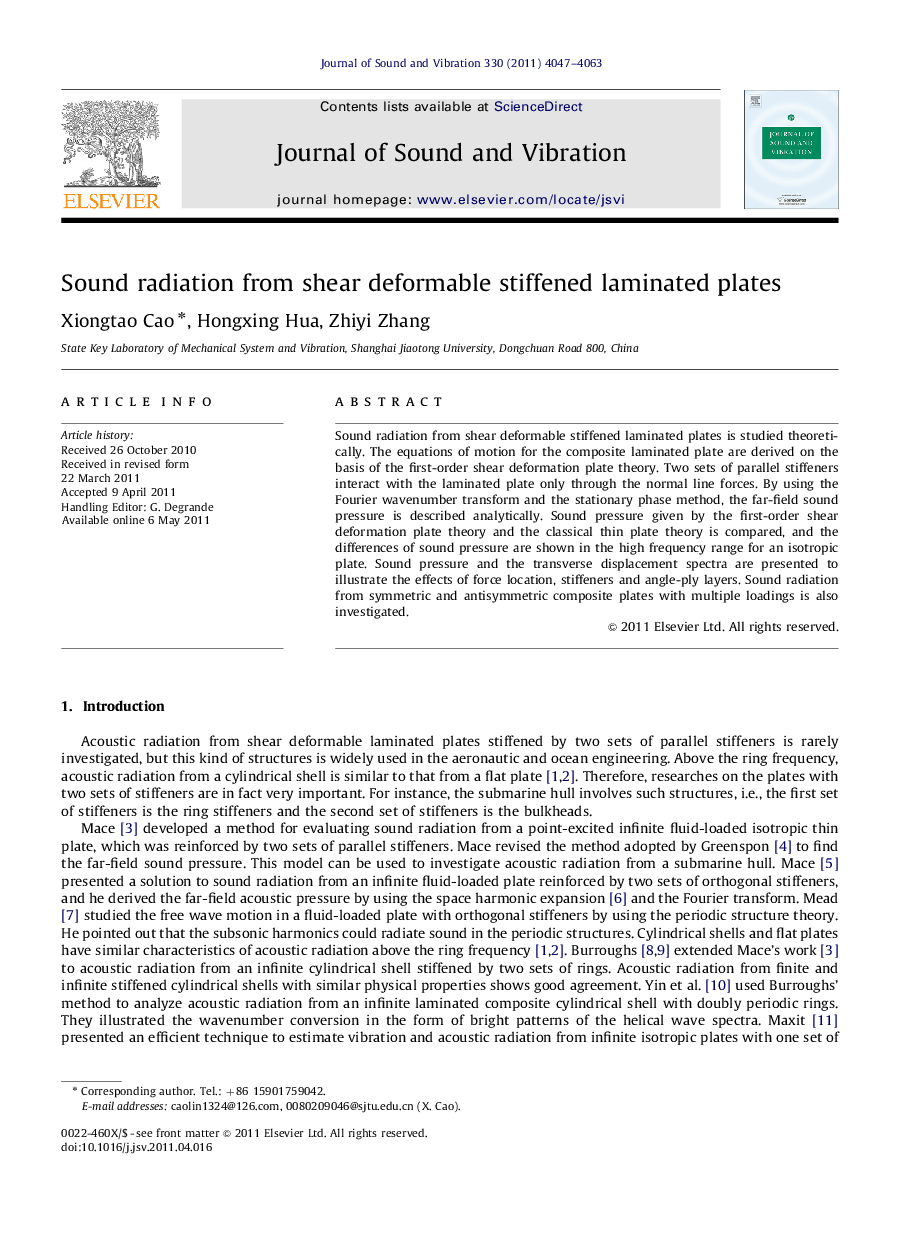 Sound radiation from shear deformable stiffened laminated plates