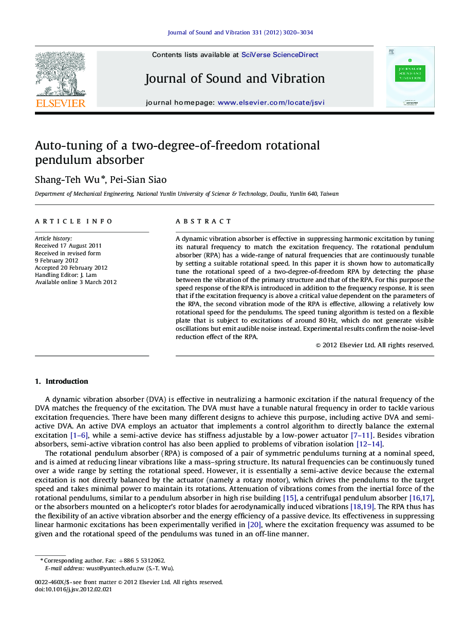 Auto-tuning of a two-degree-of-freedom rotational pendulum absorber