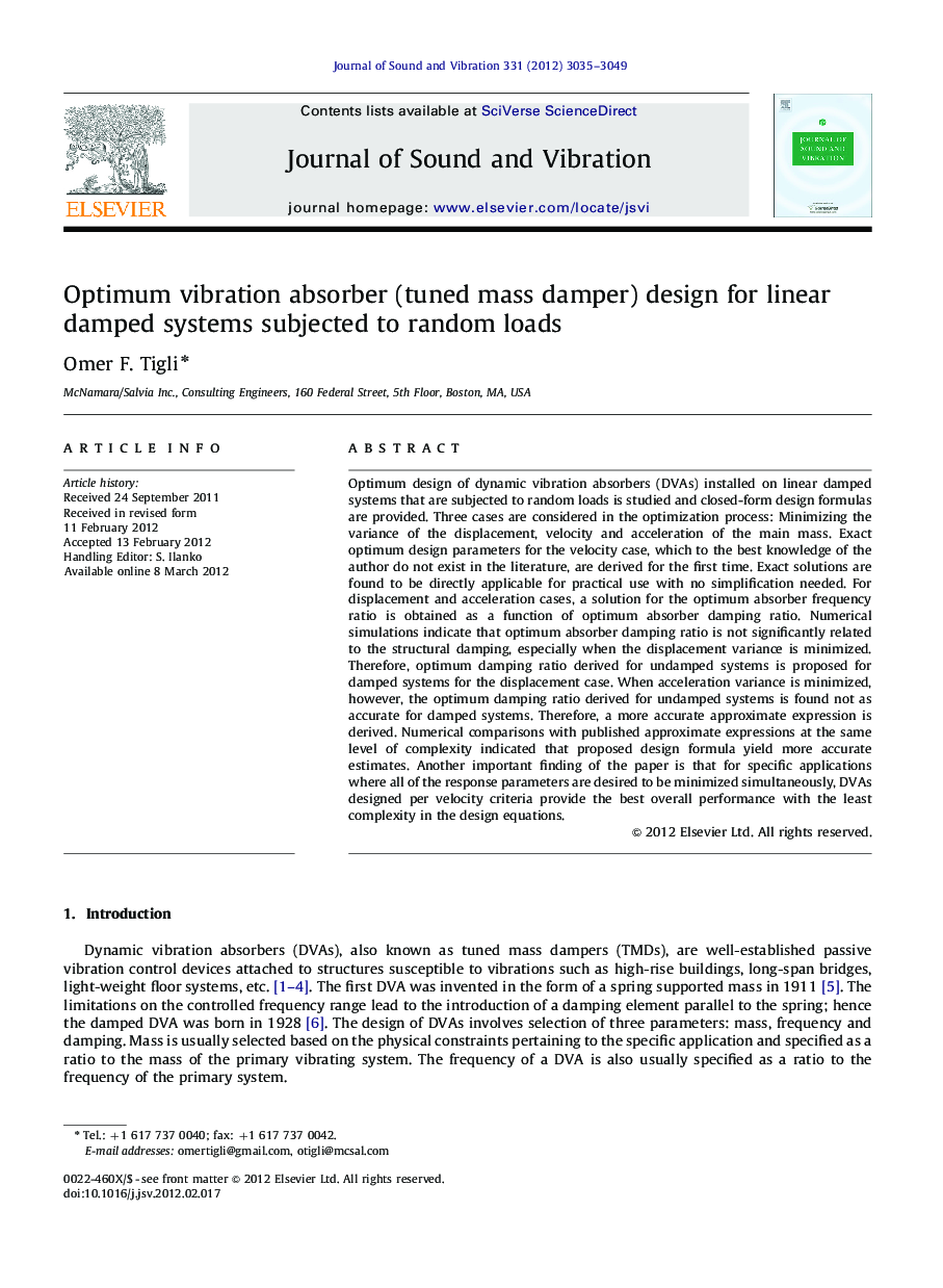 Optimum vibration absorber (tuned mass damper) design for linear damped systems subjected to random loads