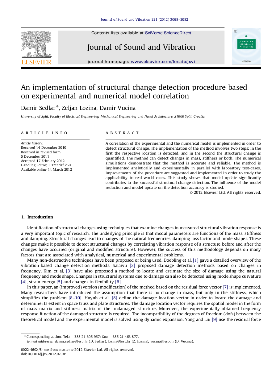 An implementation of structural change detection procedure based on experimental and numerical model correlation