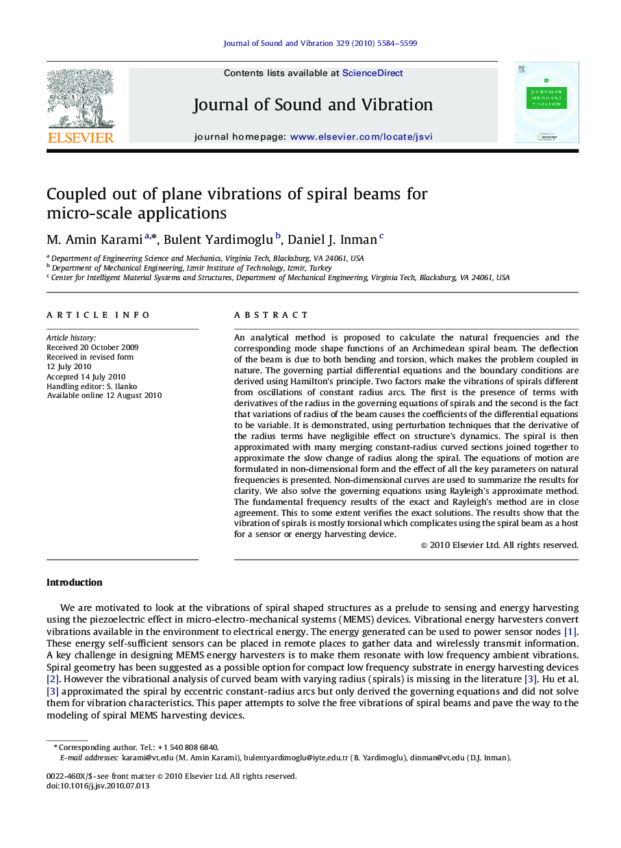 Coupled out of plane vibrations of spiral beams for micro-scale applications