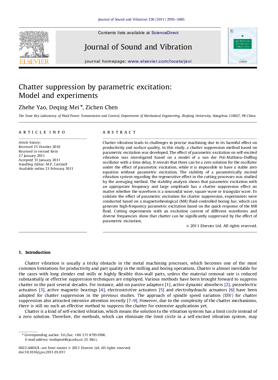 Chatter suppression by parametric excitation: Model and experiments