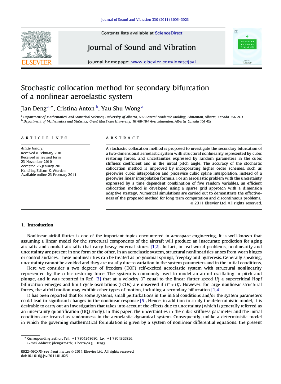 Stochastic collocation method for secondary bifurcation of a nonlinear aeroelastic system