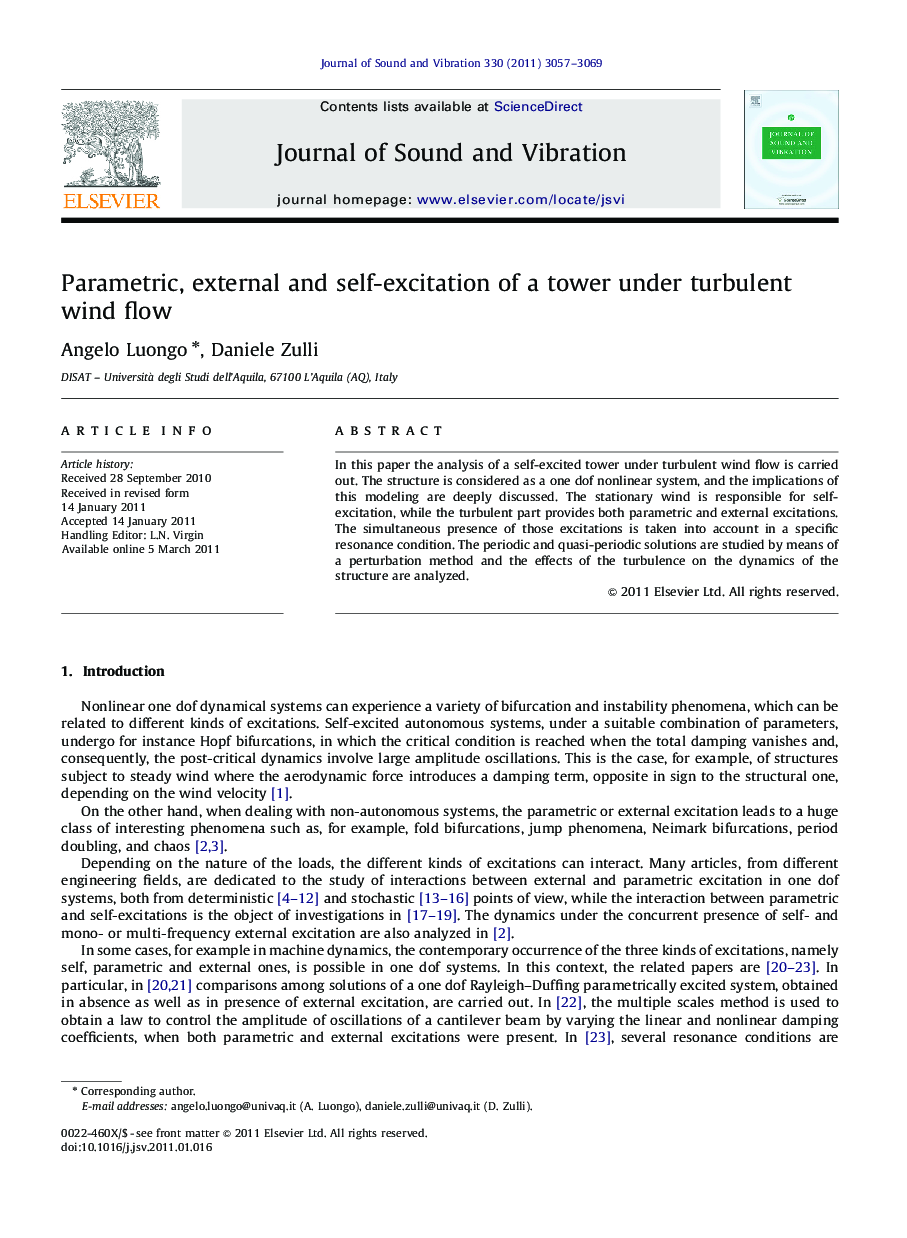 Parametric, external and self-excitation of a tower under turbulent wind flow