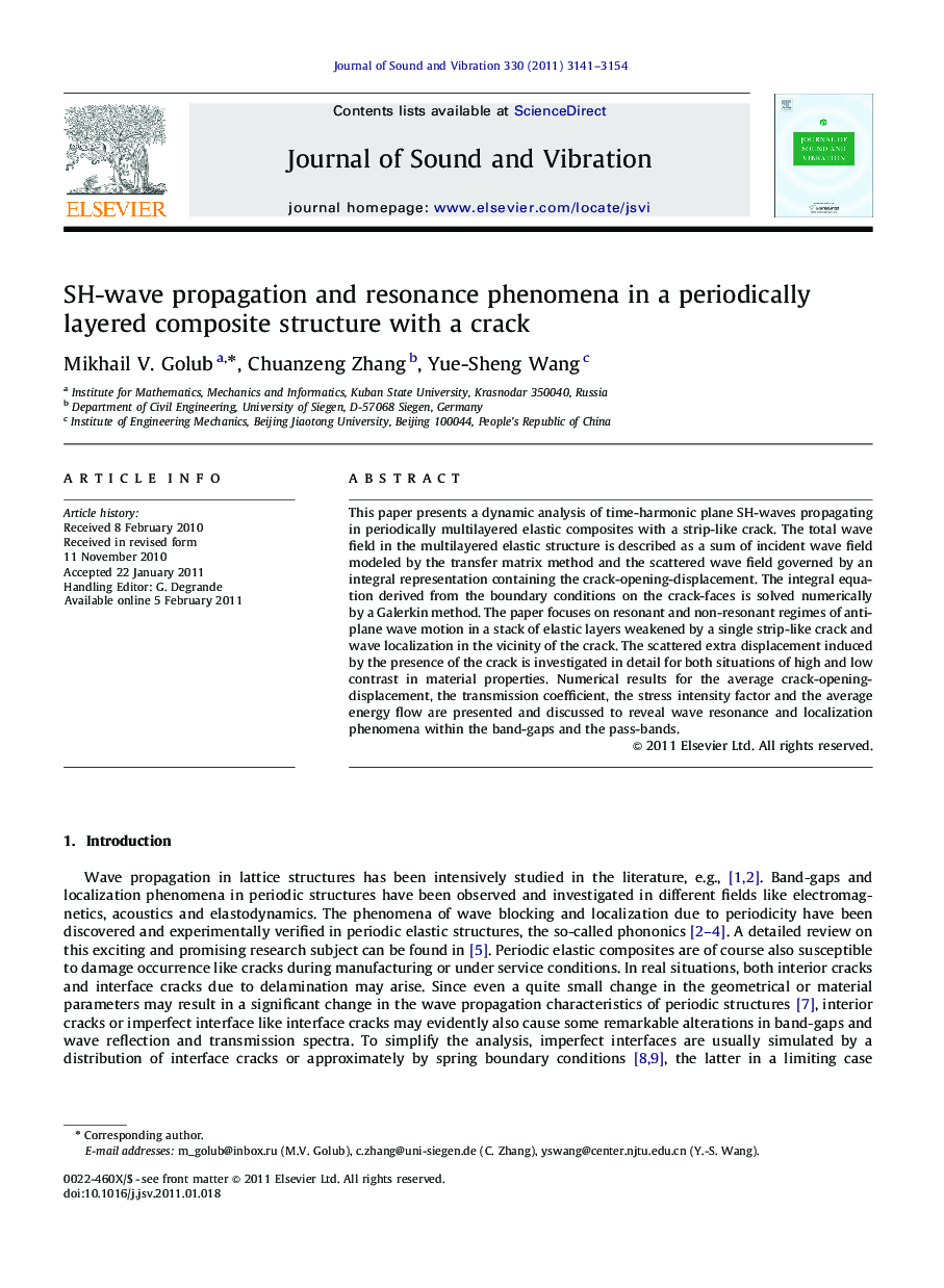 SH-wave propagation and resonance phenomena in a periodically layered composite structure with a crack