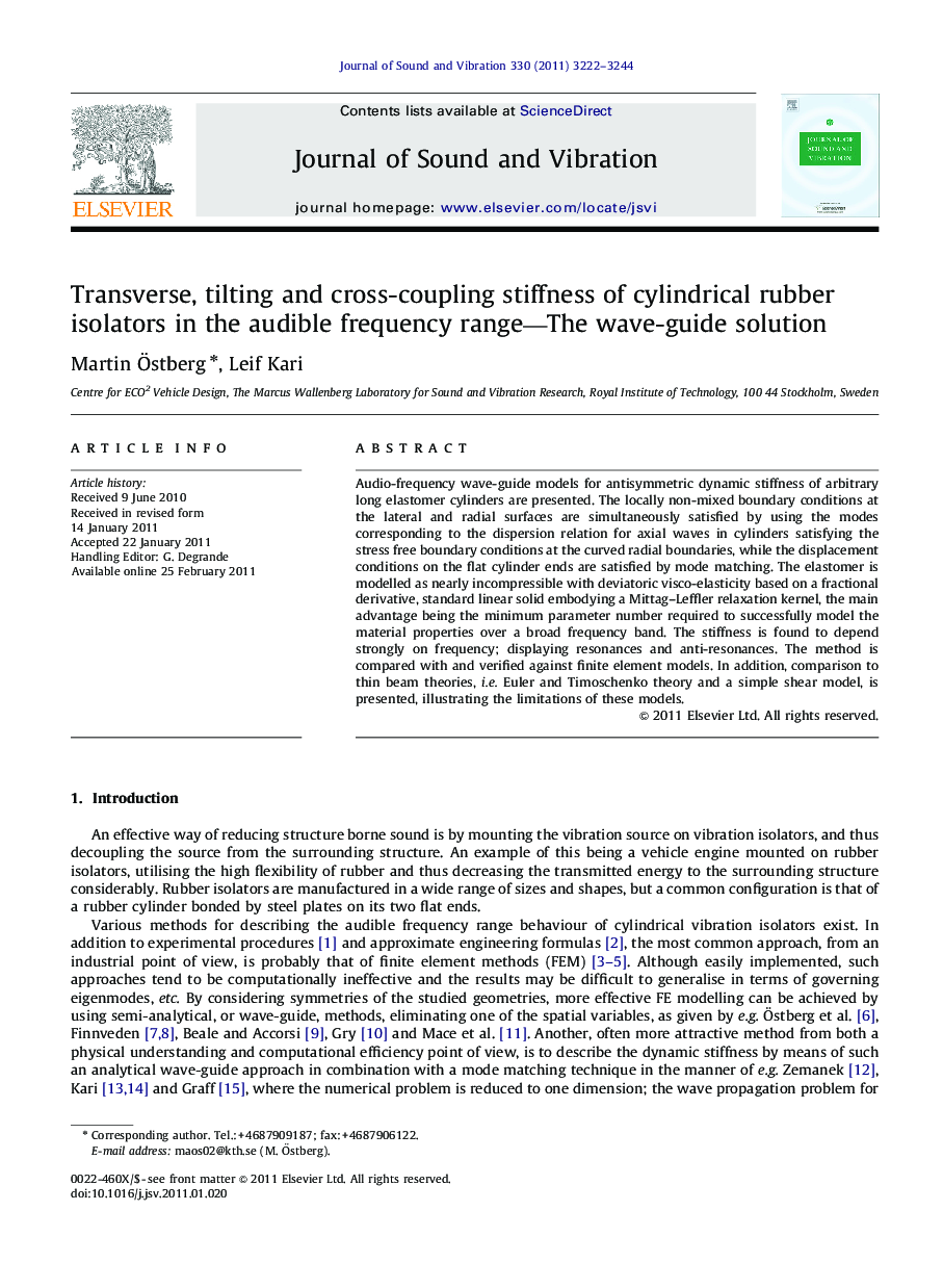Transverse, tilting and cross-coupling stiffness of cylindrical rubber isolators in the audible frequency range—The wave-guide solution