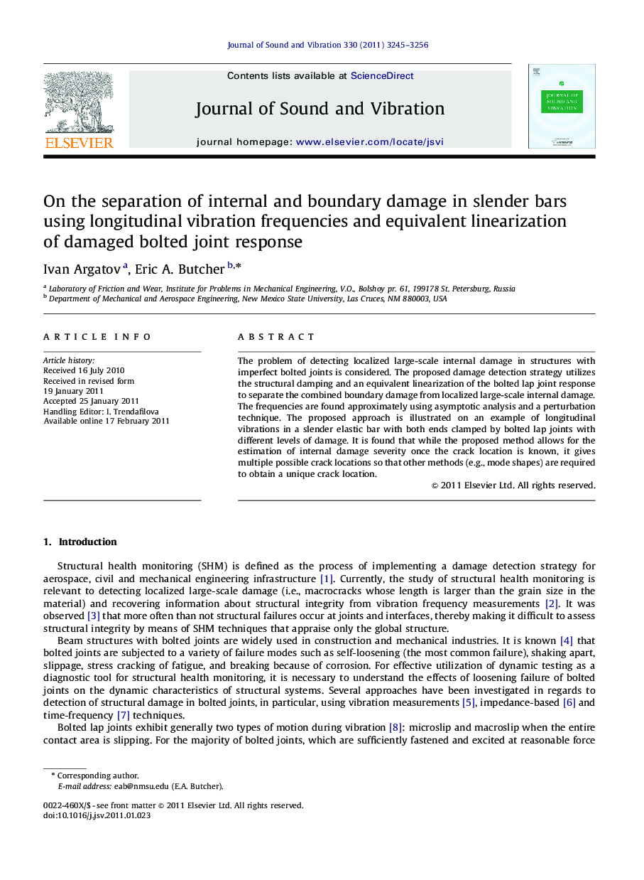 On the separation of internal and boundary damage in slender bars using longitudinal vibration frequencies and equivalent linearization of damaged bolted joint response