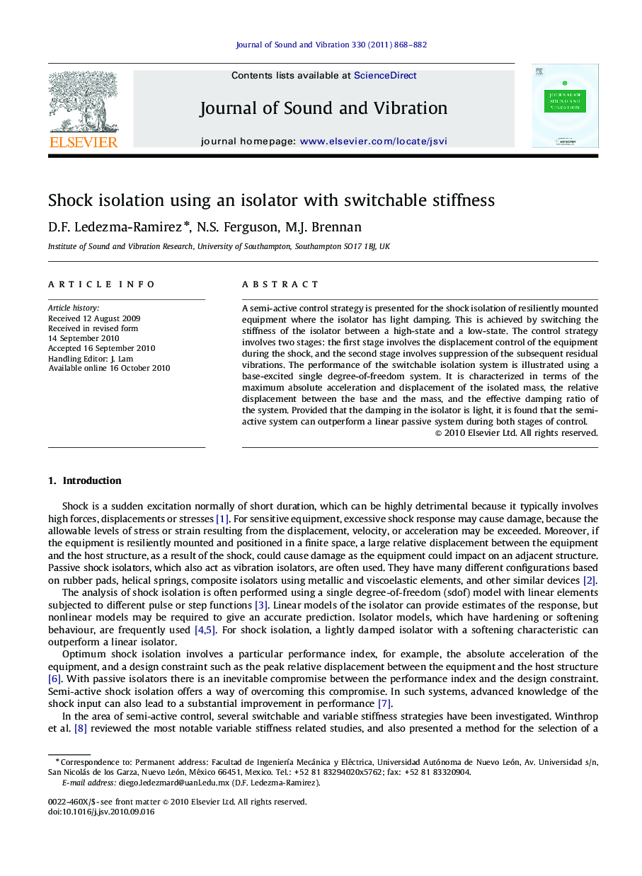 Shock isolation using an isolator with switchable stiffness