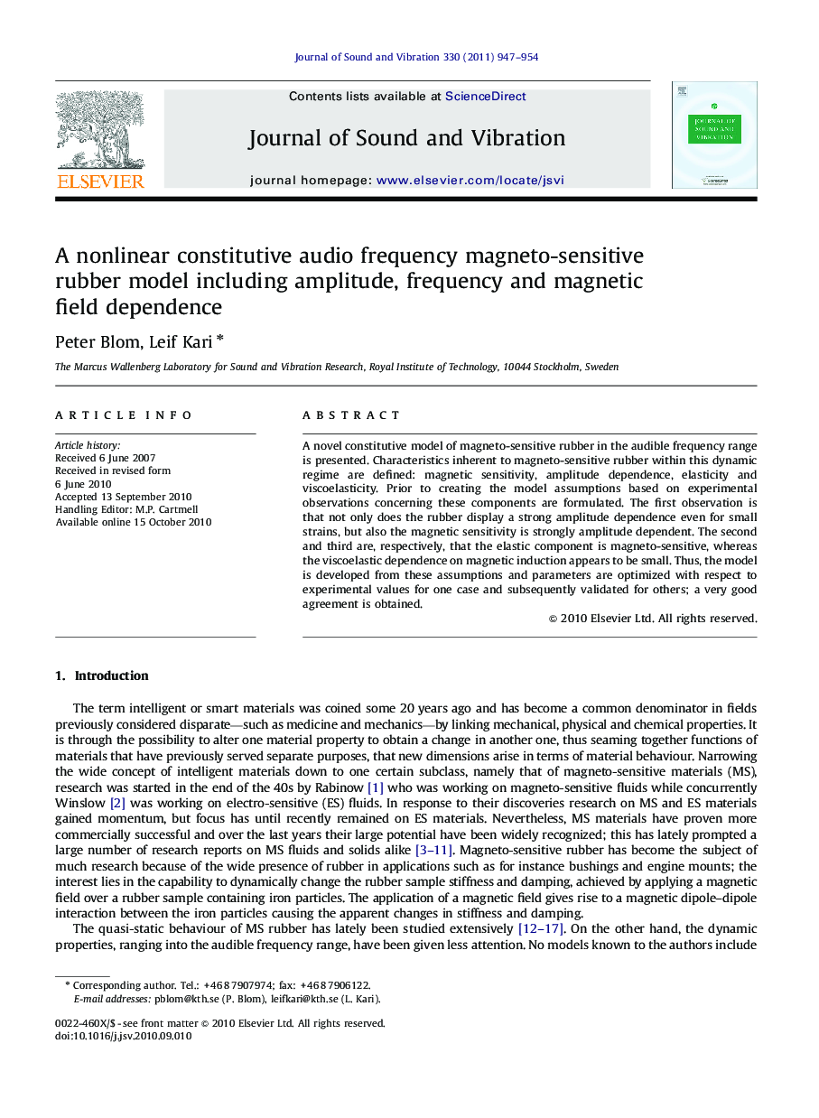 A nonlinear constitutive audio frequency magneto-sensitive rubber model including amplitude, frequency and magnetic field dependence