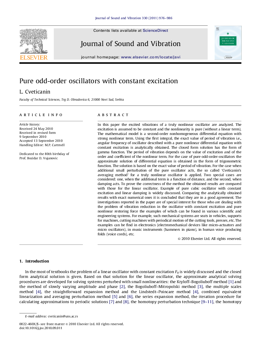 Pure odd-order oscillators with constant excitation