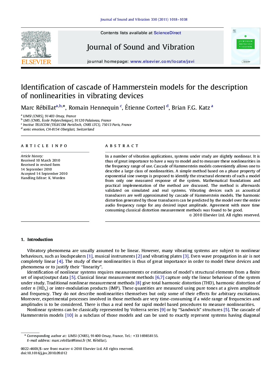Identification of cascade of Hammerstein models for the description of nonlinearities in vibrating devices