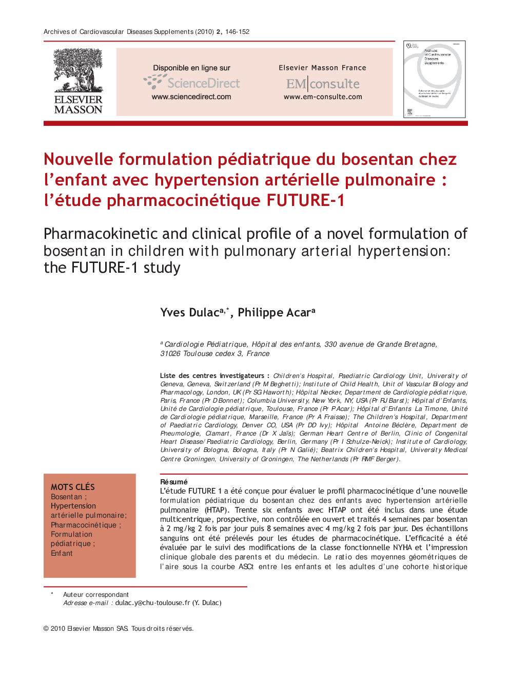 Nouvelle formulation pédiatrique du bosentan chez l’enfant avec hypertension artérielle pulmonaire : l’étude pharmacocinétique FUTURE-1