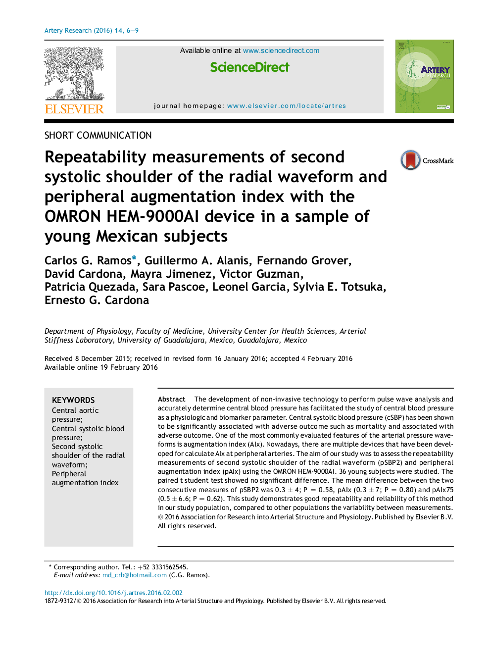 Repeatability measurements of second systolic shoulder of the radial waveform and peripheral augmentation index with the OMRON HEM-9000AI device in a sample of young Mexican subjects