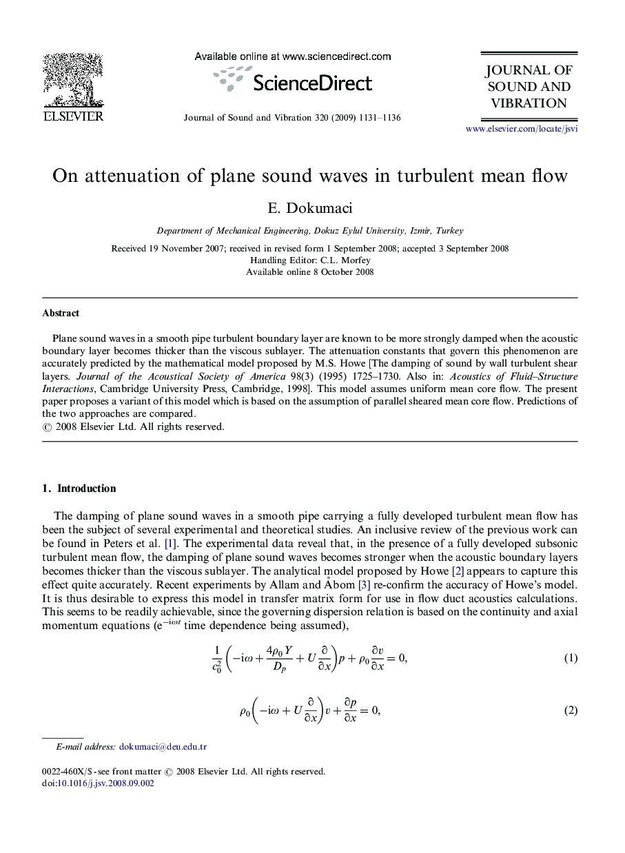 عکس صفحه اول مقاله: On attenuation of plane sound waves in turbulent mean flow On attenuation of plane sound waves in turbulent mean flow