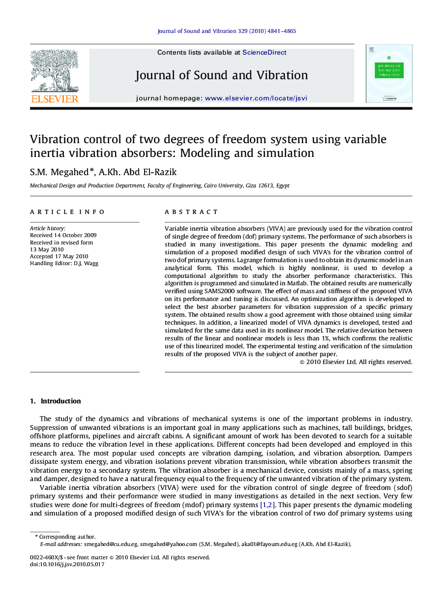عکس صفحه اول مقاله: Vibration control of two degrees of freedom system using variable inertia vibration absorbers: Modeling and simulation Vibration control of two degrees of freedom system using variable inertia vibration absorbers: Modeling and simulation