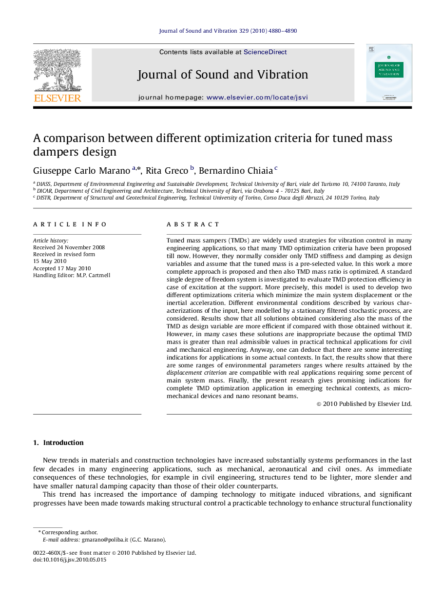 A comparison between different optimization criteria for tuned mass dampers design