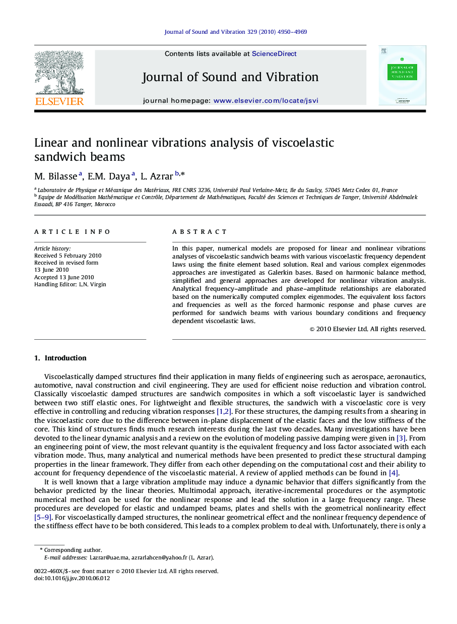 Linear and nonlinear vibrations analysis of viscoelastic sandwich beams