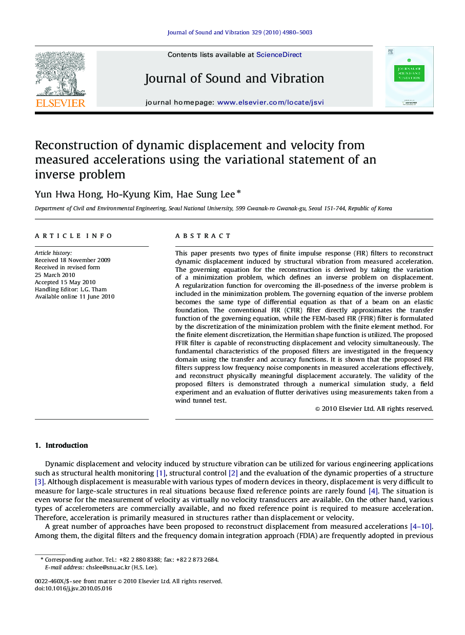 عکس صفحه اول مقاله: Reconstruction of dynamic displacement and velocity from measured accelerations using the variational statement of an inverse problem Reconstruction of dynamic displacement and velocity from measured accelerations using the variational statement of an inverse problem