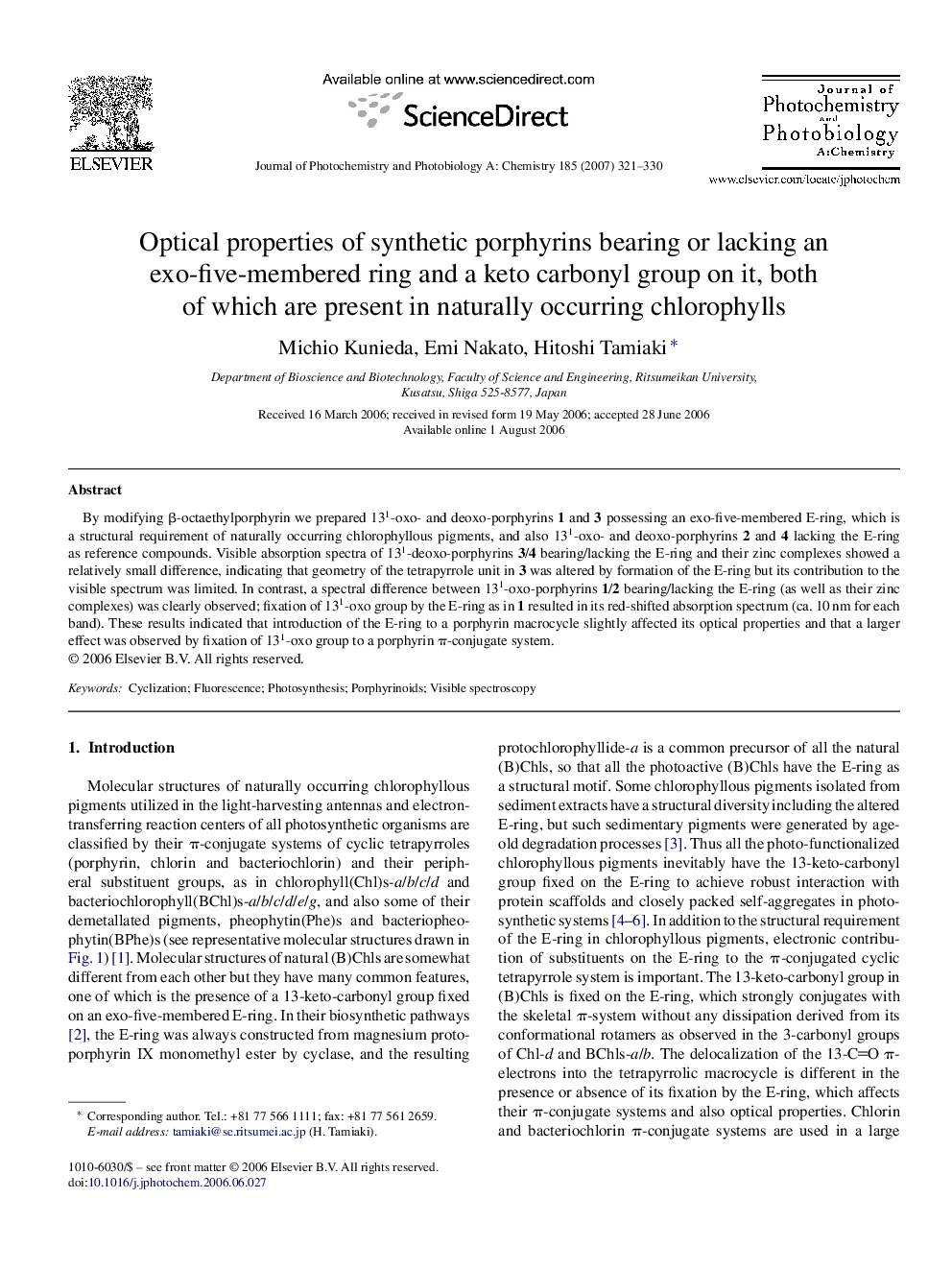 عکس صفحه اول مقاله: Optical properties of synthetic porphyrins bearing or lacking an exo-five-membered ring and a keto carbonyl group on it, both of which are present in naturally occurring chlorophylls Optical properties of synthetic porphyrins bearing or lacking an exo-five-membered ring and a keto carbonyl group on it, both of which are present in naturally occurring chlorophylls