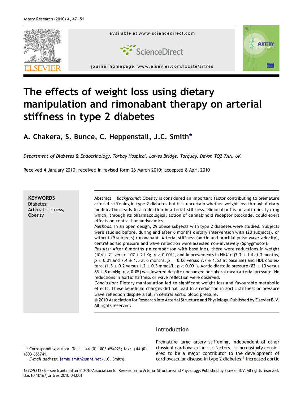 The effects of weight loss using dietary manipulation and rimonabant therapy on arterial stiffness in type 2 diabetes