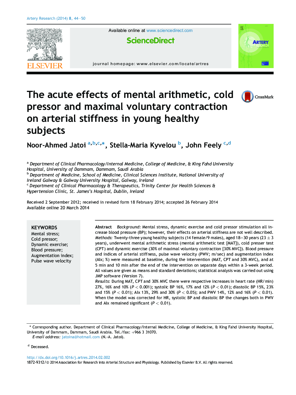 The acute effects of mental arithmetic, cold pressor and maximal voluntary contraction on arterial stiffness in young healthy subjects