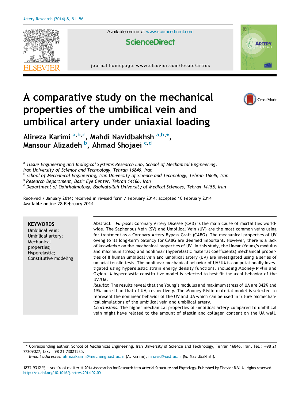 A comparative study on the mechanical properties of the umbilical vein and umbilical artery under uniaxial loading