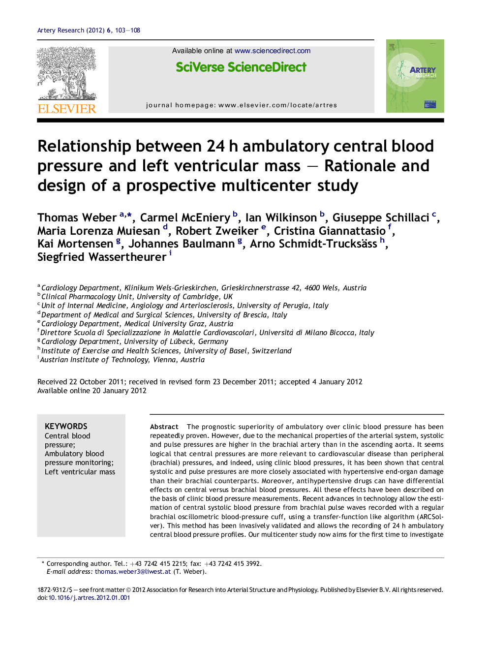 Relationship between 24 h ambulatory central blood pressure and left ventricular mass – Rationale and design of a prospective multicenter study