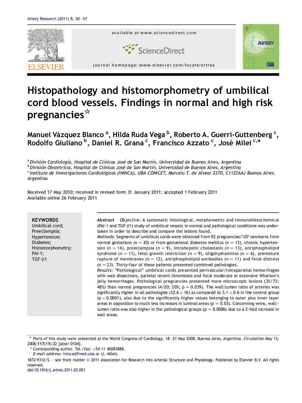 Histopathology and histomorphometry of umbilical cord blood vessels. Findings in normal and high risk pregnancies