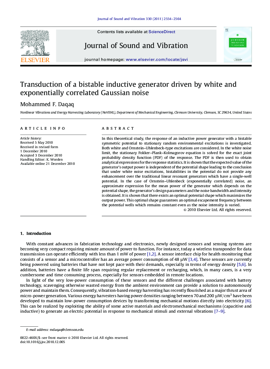 Transduction of a bistable inductive generator driven by white and exponentially correlated Gaussian noise