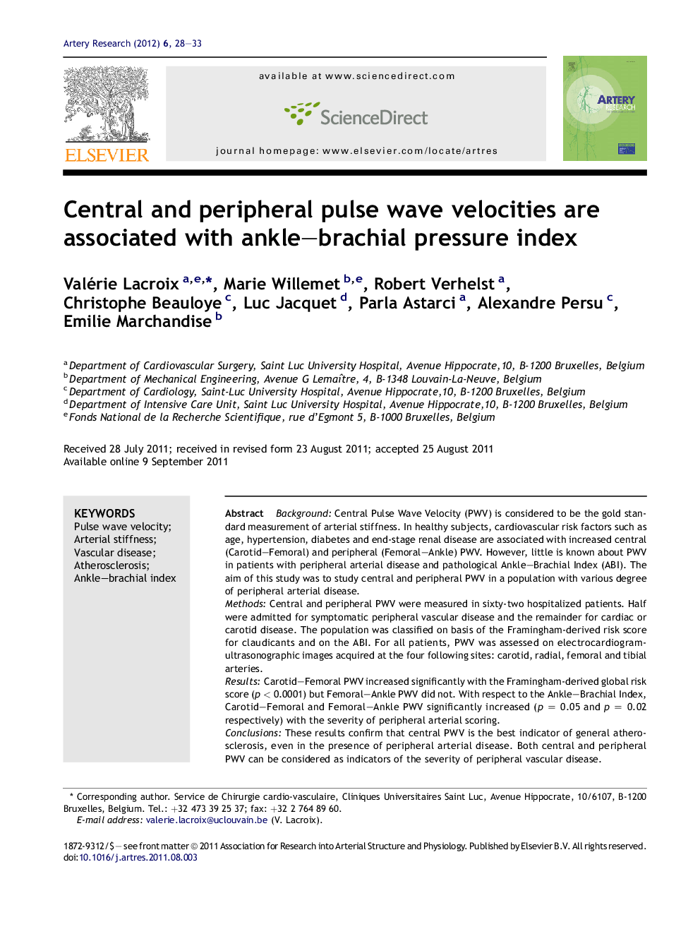 Central and peripheral pulse wave velocities are associated with ankle–brachial pressure index