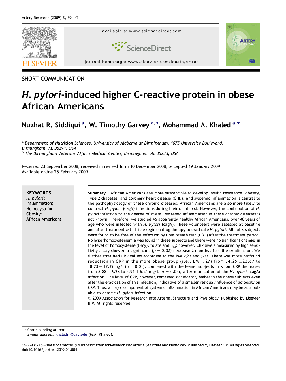 H. pylori-induced higher C-reactive protein in obese African Americans