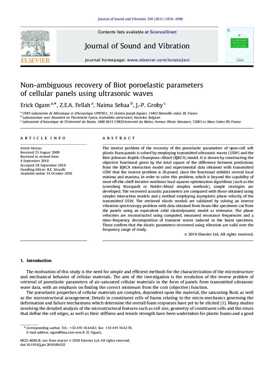 Non-ambiguous recovery of Biot poroelastic parameters of cellular panels using ultrasonicwaves