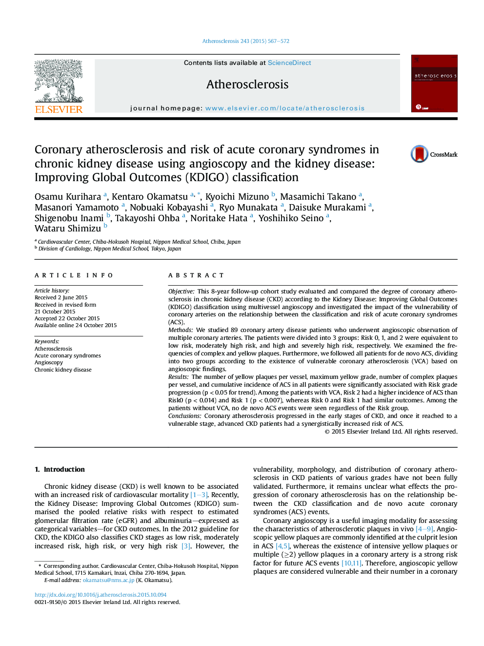 Coronary atherosclerosis and risk of acute coronary syndromes in chronic kidney disease using angioscopy and the kidney disease: Improving Global Outcomes (KDIGO) classification