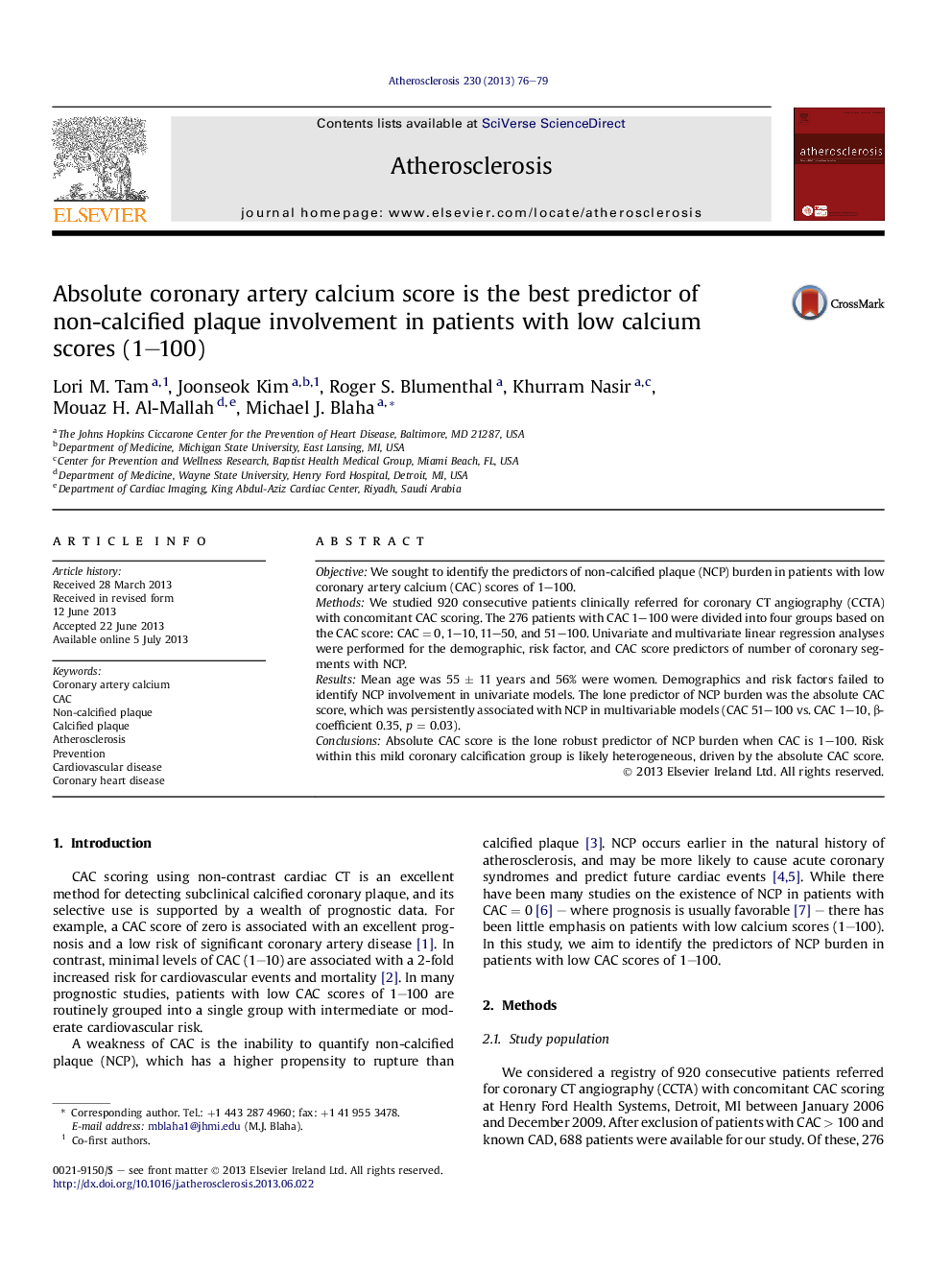 Absolute coronary artery calcium score is the best predictor of non-calcified plaque involvement in patients with low calcium scores (1–100)