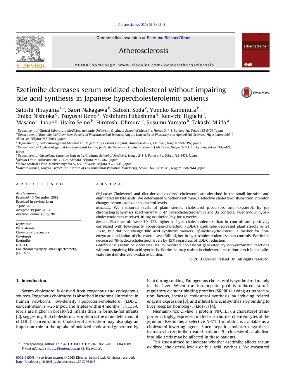 Ezetimibe decreases serum oxidized cholesterol without impairing bile acid synthesis in Japanese hypercholesterolemic patients