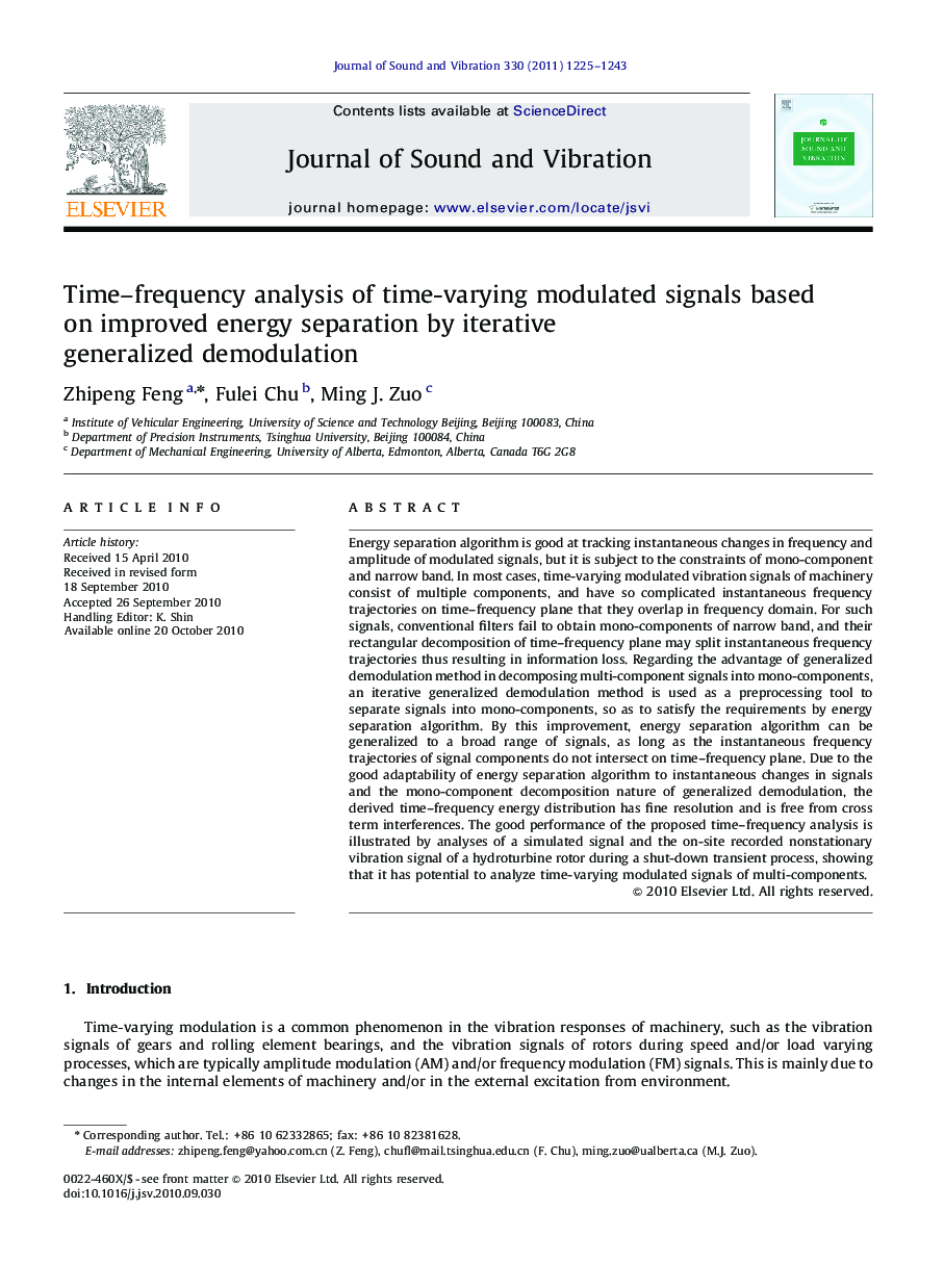 Time–frequency analysis of time-varying modulated signals based on improved energy separation by iterative generalized demodulation