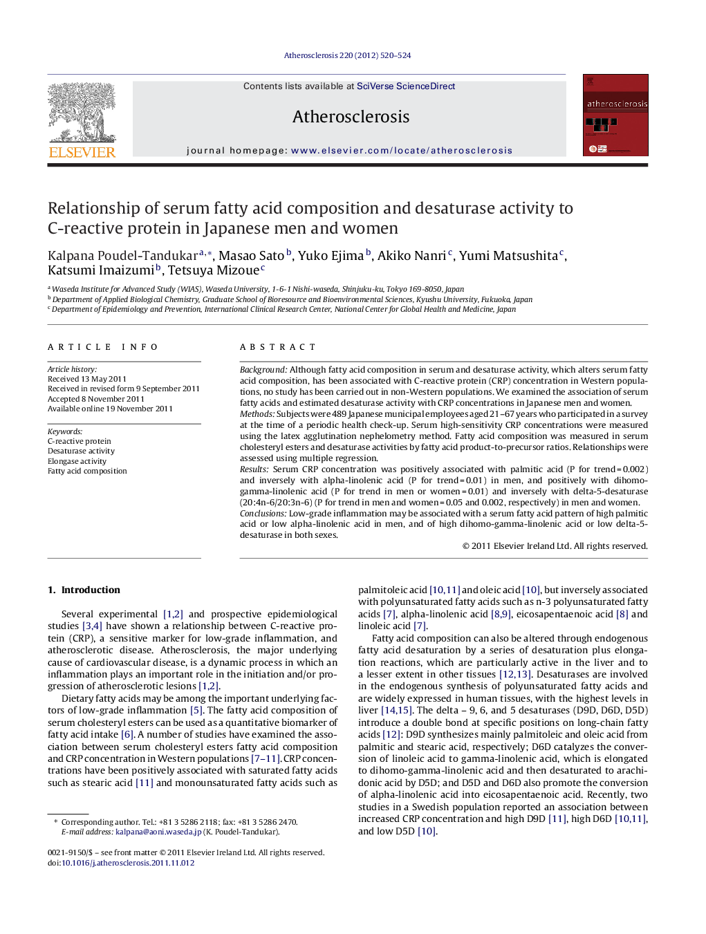 Relationship of serum fatty acid composition and desaturase activity to C-reactive protein in Japanese men and women