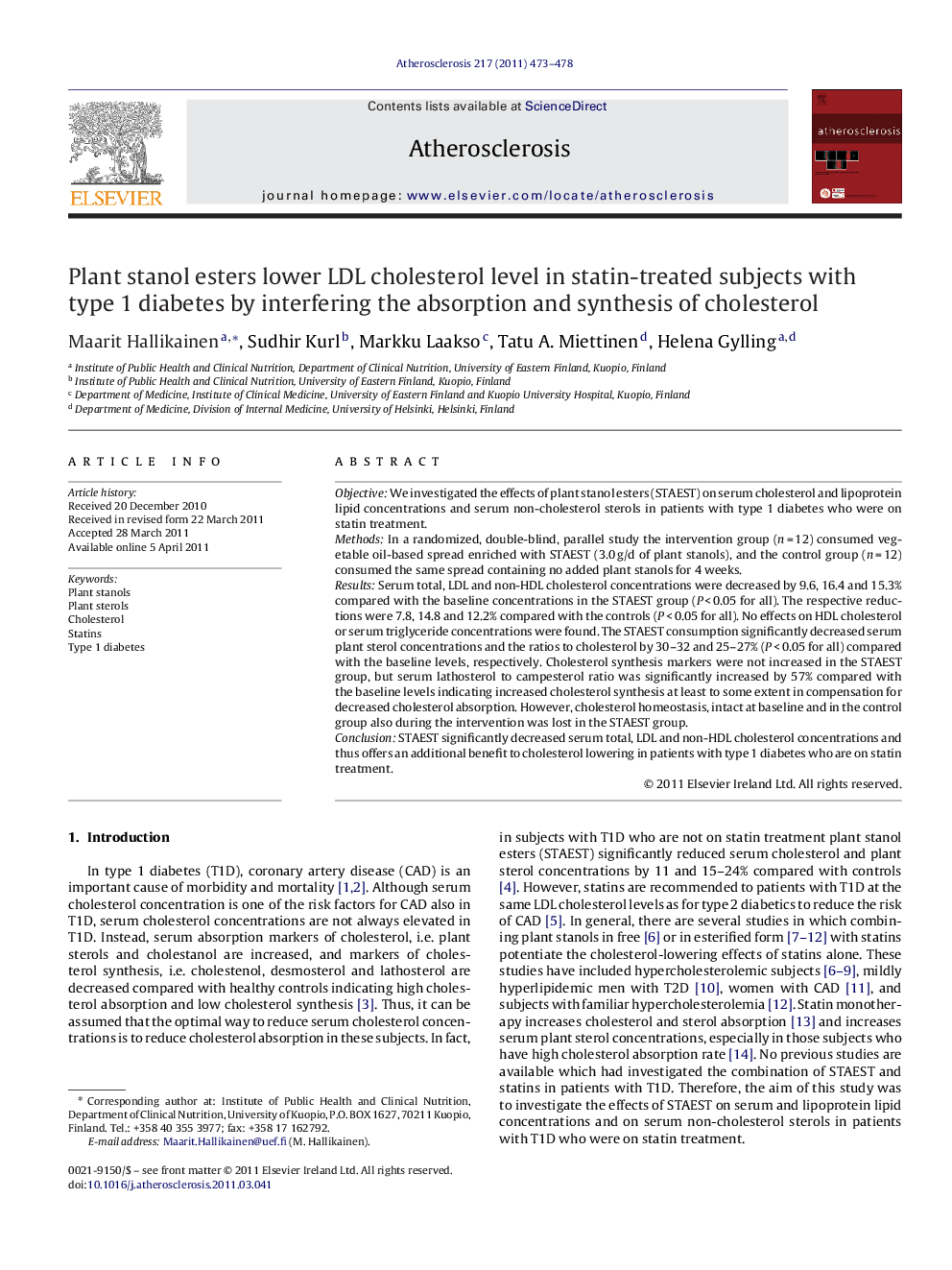 Plant stanol esters lower LDL cholesterol level in statin-treated subjects with type 1 diabetes by interfering the absorption and synthesis of cholesterol