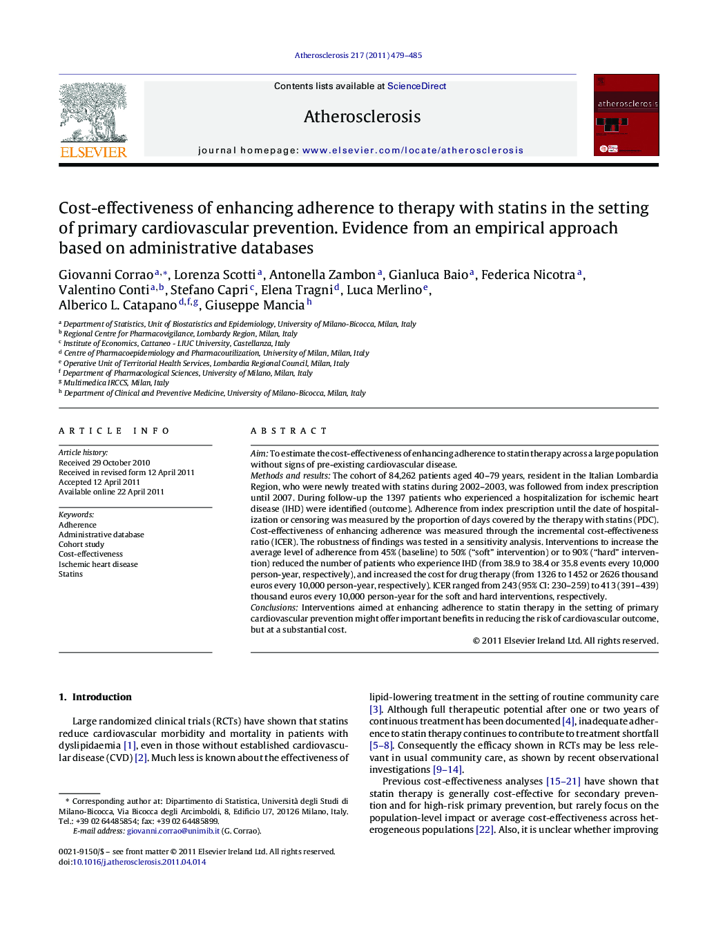 Cost-effectiveness of enhancing adherence to therapy with statins in the setting of primary cardiovascular prevention. Evidence from an empirical approach based on administrative databases