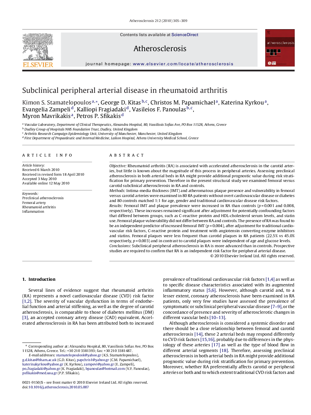 Subclinical peripheral arterial disease in rheumatoid arthritis