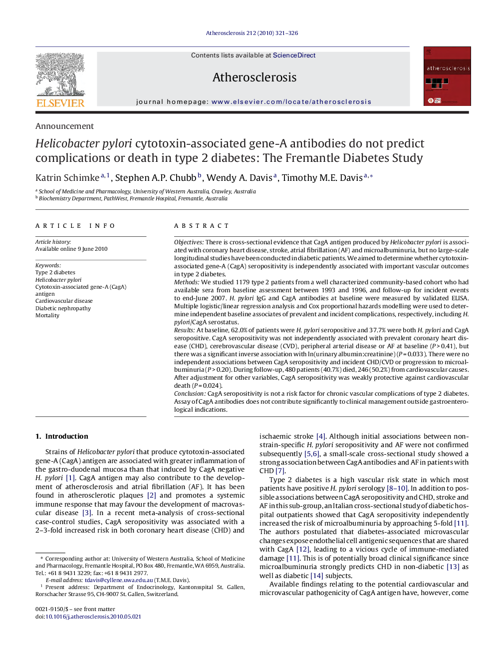 Helicobacter pylori cytotoxin-associated gene-A antibodies do not predict complications or death in type 2 diabetes: The Fremantle Diabetes Study