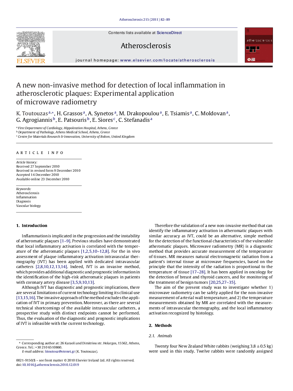 A new non-invasive method for detection of local inflammation in atherosclerotic plaques: Experimental application of microwave radiometry