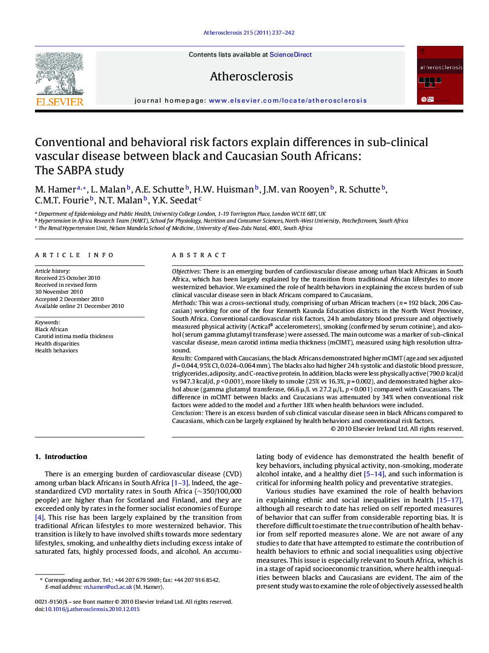 Conventional and behavioral risk factors explain differences in sub-clinical vascular disease between black and Caucasian South Africans: The SABPA study