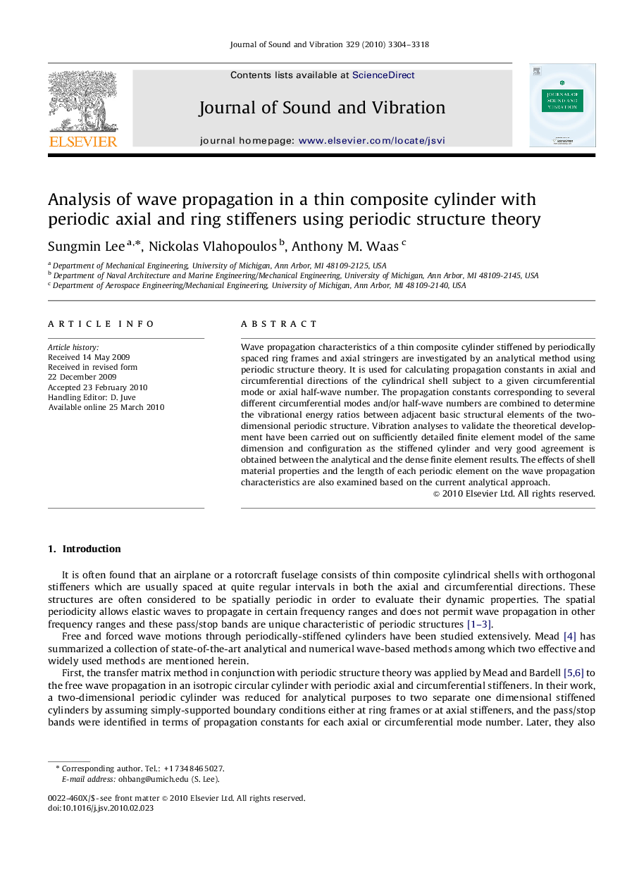 Analysis of wave propagation in a thin composite cylinder with periodic axial and ring stiffeners using periodic structure theory