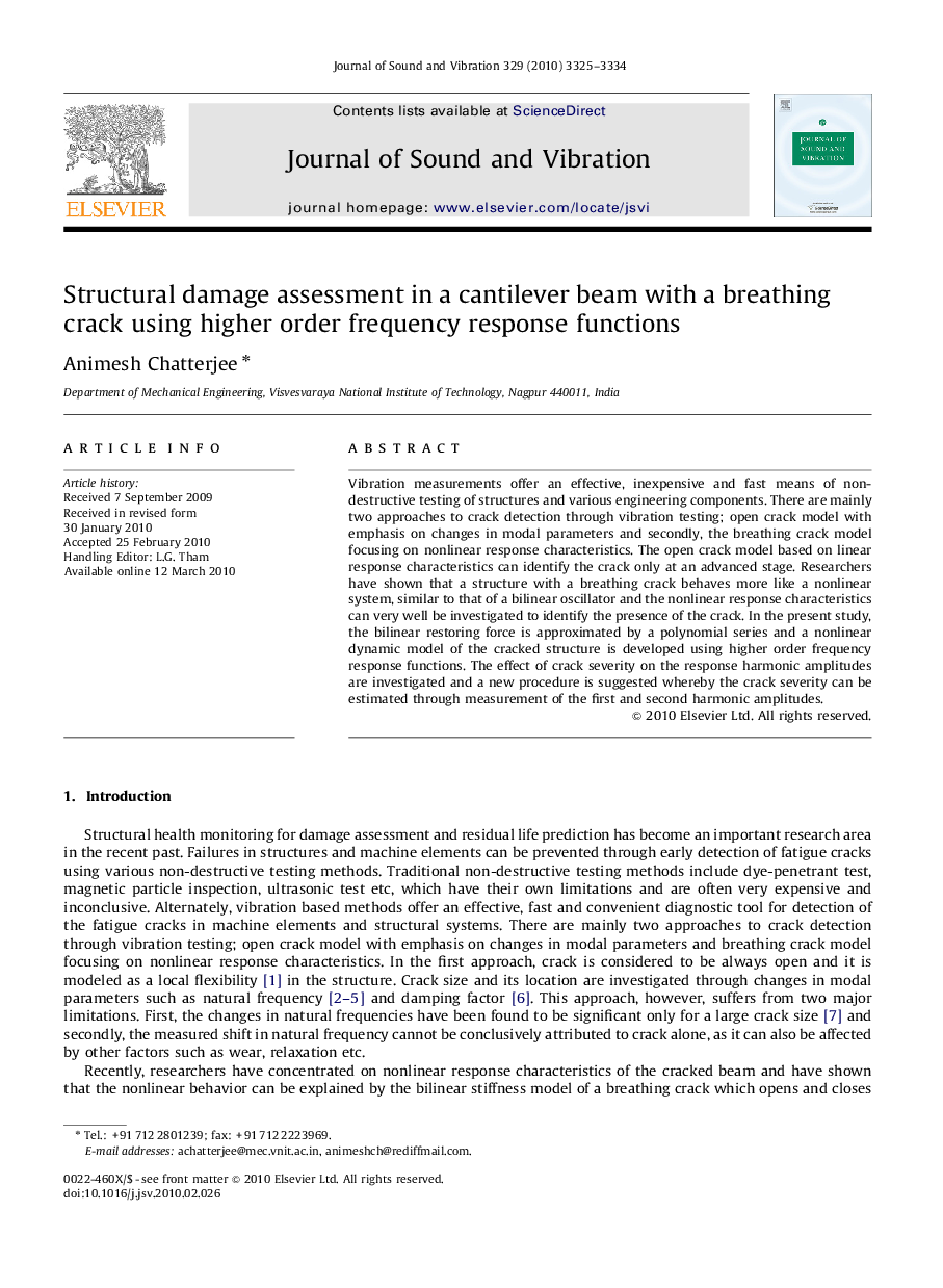 Structural damage assessment in a cantilever beam with a breathing crack using higher order frequency response functions