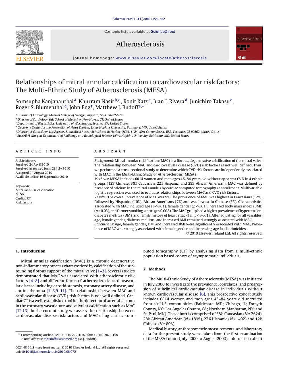 Relationships of mitral annular calcification to cardiovascular risk factors: The Multi-Ethnic Study of Atherosclerosis (MESA)