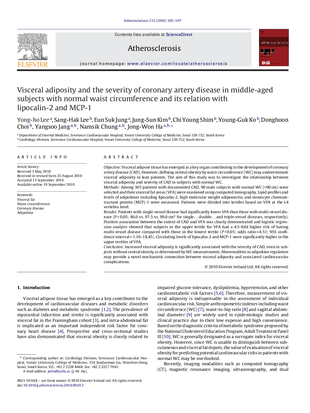 Visceral adiposity and the severity of coronary artery disease in middle-aged subjects with normal waist circumference and its relation with lipocalin-2 and MCP-1