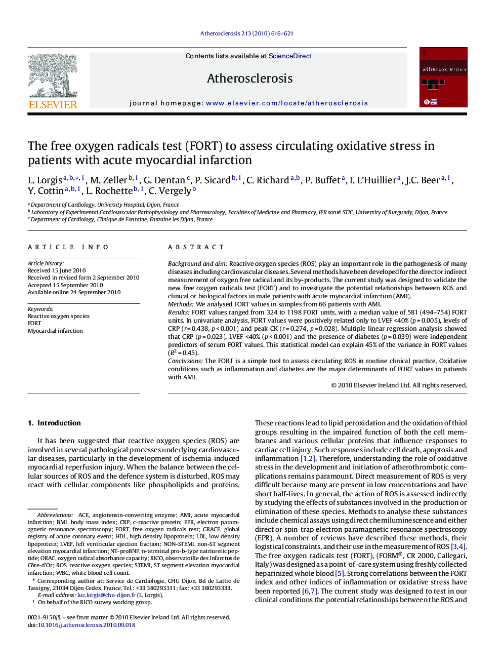 The free oxygen radicals test (FORT) to assess circulating oxidative stress in patients with acute myocardial infarction