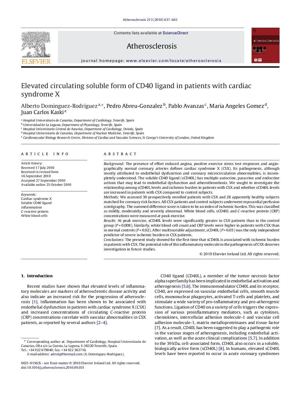 Elevated circulating soluble form of CD40 ligand in patients with cardiac syndrome X