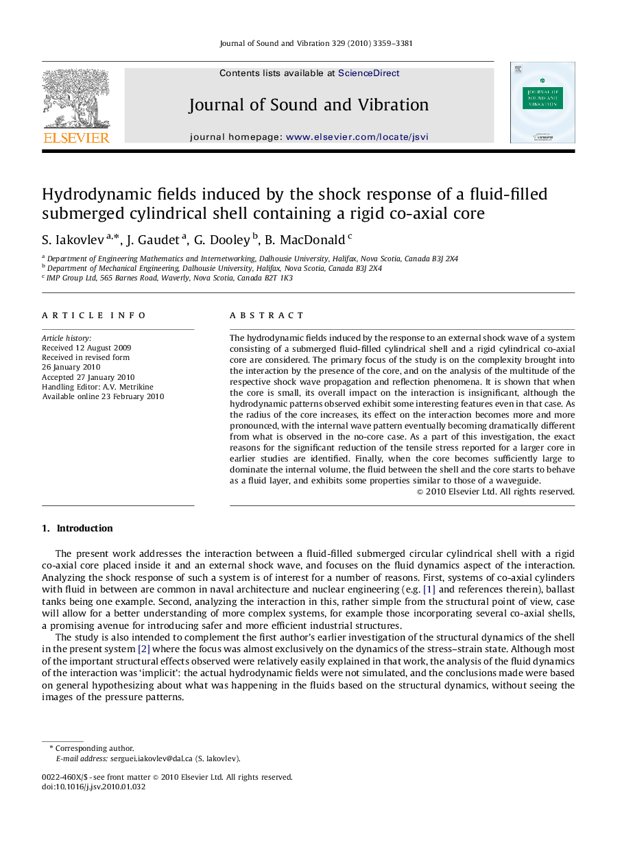 Hydrodynamic fields induced by the shock response of a fluid-filled submerged cylindrical shell containing a rigid co-axial core